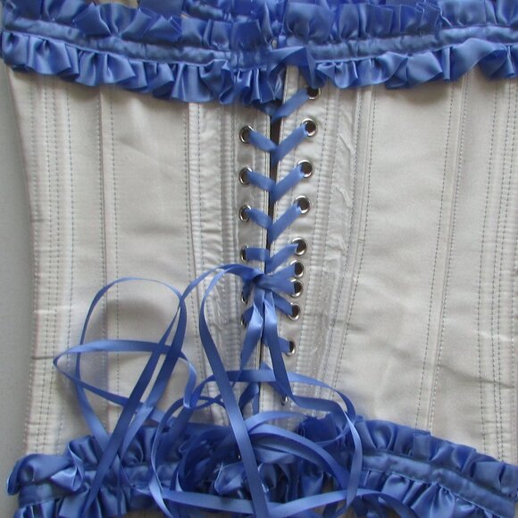 Blue Cream Ruffled Steel Boned Corset Set - NEW - Picture 9 of 13